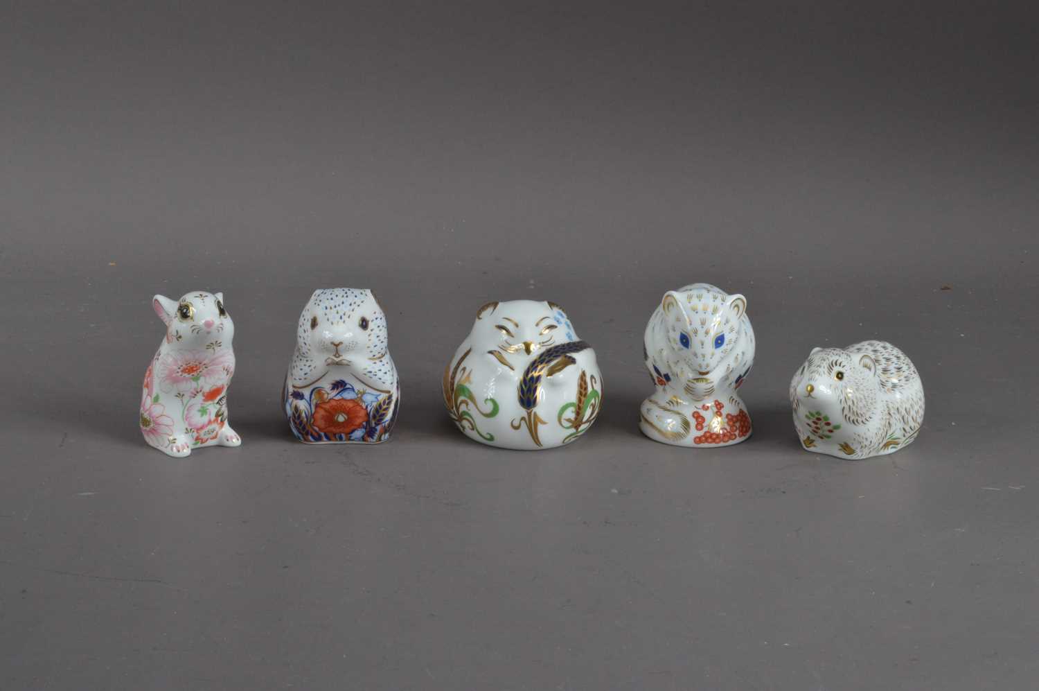 Lot 178 - Five mouse Royal Crown Derby bone china paperweights