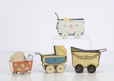 Lot 140 - Four small tinplate doll’s perambulators