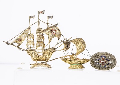 Lot 332 - Three early 20th century and later Portuguese silver filigree and enamelled small objet d'art