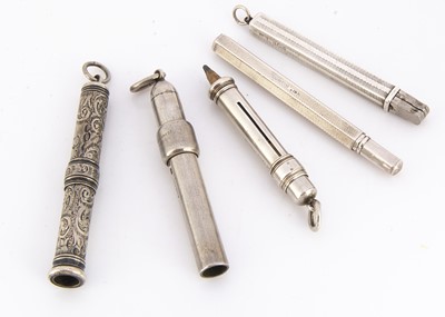 Lot 366 - Three silver pencils and two other silver pocket items