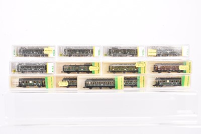Lot 11 - Minitrix N Gauge Bavarian and Prussian Six Wheeled and Four Wheeled Coaching Stock