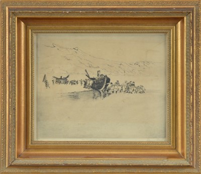 Lot 185 - A framed etching of fisherman on the shore