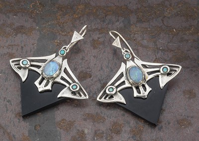 Lot 72 - A pair of Art Nouveau style silver, turquoise and rainbow moonstone earrings
