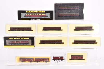 Lot 80 - N Gauge Railcar and Maroon Coaching Stock