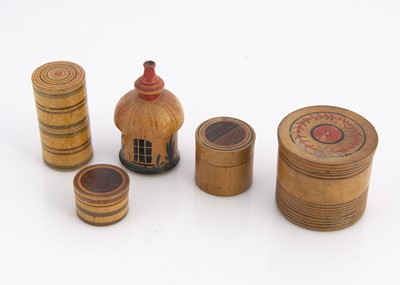 Lot 674 - Five early Tonbridgeware whitewood boxes