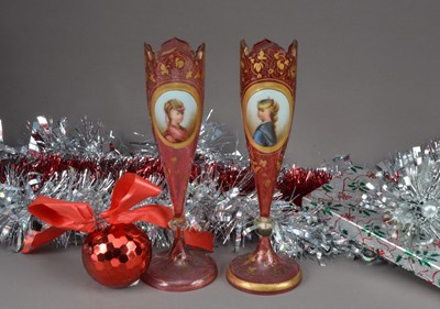 Lot 142 - A pair of pretty late 19th century Bohemian red glass bud vases