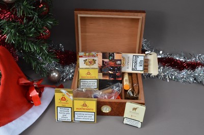 Lot 148 - A modern burr maple cigar humidor and a collection of cigars