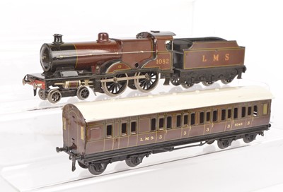 Lot 28 - Bassett-Lowke 0 Gauge  LMS crimson lake Compound 4-4-0 clockwork Locomotive and Tender and Coach (4 incl tender)
