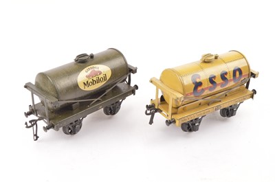 Lot 66 - Bassett-Lowke 0 Gauge unboxed ESSO and Mobiloil-Gargoyle Tank wagons (2)