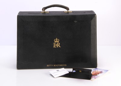 Lot 45 - A black leather House of Commons dispatch box with gilt tooling bearing cypher for Elizabeth II and Betty Boothroyd