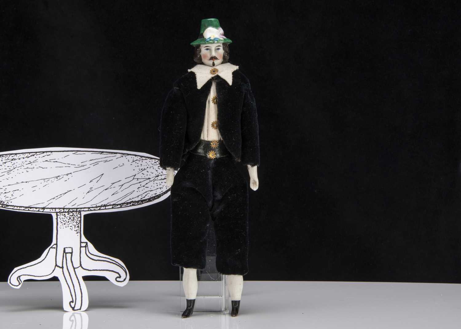 Lot 119 - A rare mid 19th century larger dolls’ house bisque shoulder head doll with moulded hat