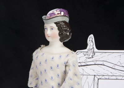 Lot 167 - A rare small 19th century German bisque shoulder-head doll with moulded hat