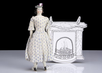 Lot 167 - A rare small 19th century German bisque shoulder-head doll with moulded hat