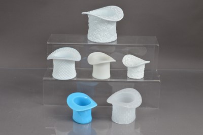 Lot 418 - Six 20th Century top hat shape opaque milk glass trinket pots or posy vases.