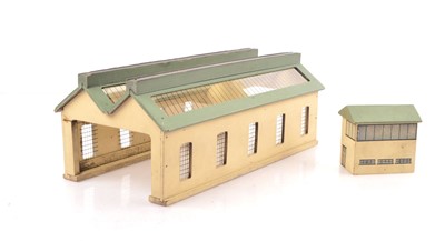 Lot 259 - Hornby-Dublo 00 Gauge Pre-War wooden Engine Shed and Signal Box (2)