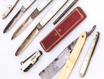 Lot 307 - Three Georgian and later silver and mother of pearl pocket fruit knives and seven other items