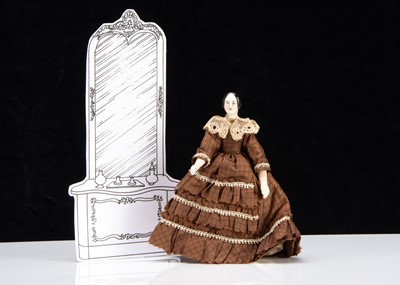 Lot 91 - A rare 19th century Kister pink tinted china shoulder-head dolls’ house doll with jointed wooden body
