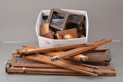 Lot 75 - Mahogany & Brass Camera Parts and Tripods