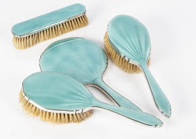 Lot 468 - An Art Deco four piece silver and enamelled dressing table set