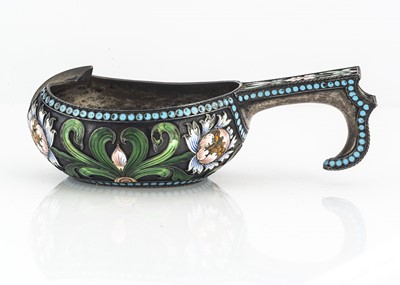 Lot 469 - A late 19th or early 20th century Russian silver and enamel kovsh by Nikolay Strulev