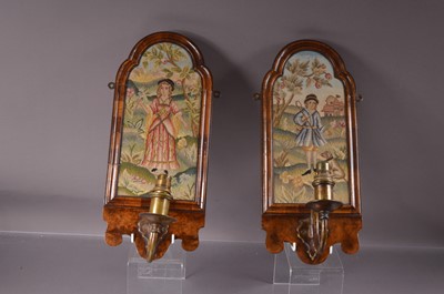 Lot 319 - A pair of English 18th Century style walnut, needlepoint and brass wall lights
