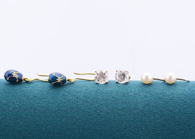 Lot 114 - A pair of yellow metal, enamel and paste drop earrings