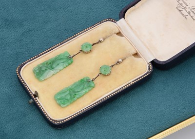 Lot 309 - A pair of art deco Chinese jadeite jade drop earrings