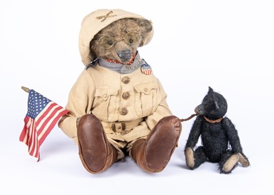 Lot 14 - A Sue Lain (USA) Teddy Roosevelt Bear in Rough Rider uniform and black bear cub, circa 2001