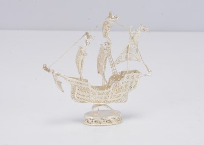 Lot 376 - A small second half 20th century silver filigree model of a galleon