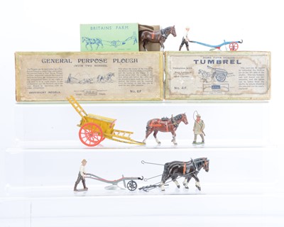 Lot 558 - Britains boxed horse-drawn farm implements comprising pre WW2 version 4F Tumbrel Cart