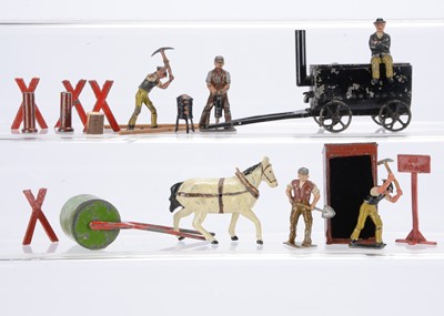 Lot 579 - Charbens Road working set with navvies and vehicles comprising tar wagon (damaged underneath, chimney replaced)