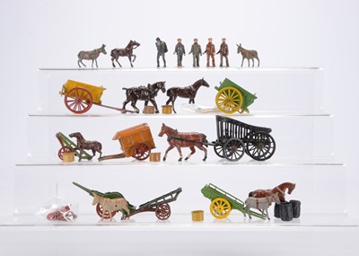 Lot 582 - A selection of Charbens horse-drawn carts and accessories comprising coal cart with coalman and original sacks (3)