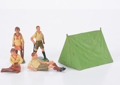 Lot 585 - Charbens Hikers set comprising seated (2) and walking (2) hikers with tent