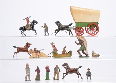 Lot 594 - A lot of Wild West cowboy and Indian related items by various items including John Hill and Crescent comprising Britains Prairie Schooner