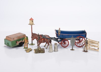 Lot 597 - Britains farm accessories comprising 4 wheel cart - back gate replaced and left side shaft repaired
