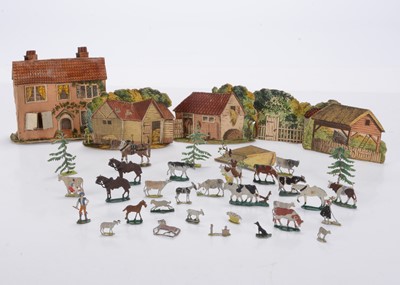 Lot 615 - Unusual tin flats farm scene - possibly 19th Century English made - with card buildings and scenes (6)