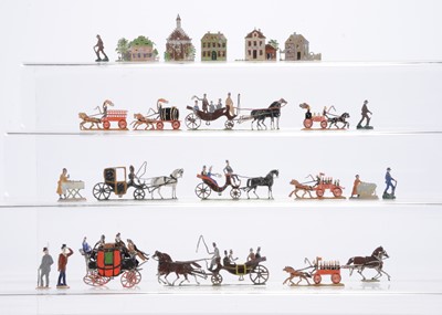 Lot 616 - Flat tin horse-drawn vehicles scenes comprising open coaches (3)