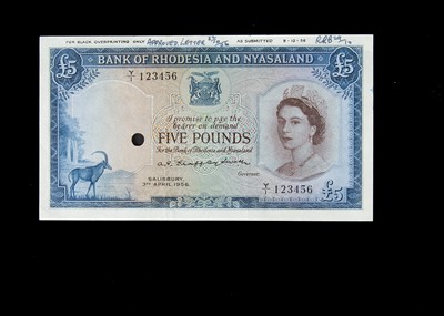 Lot 166 - Specimen Bank Note: Bank of Rhodesia and Nyasaland specimen 5 Pounds