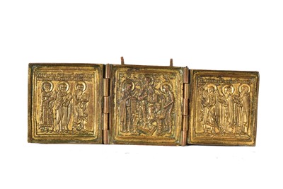 Lot 322 - An Orthodox brass folding Triptych Icon