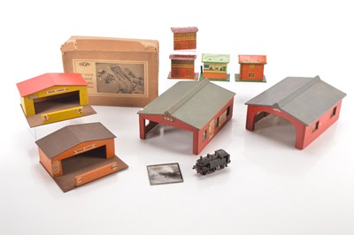 Lot 243 - Hugar 00 Gauge wood Garages and Engine Sheds Brimtoy Tin Signal Boxes and modified Bing Table Top  Engine and Magic Lantern slide (10)