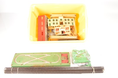 Lot 351 - Peco 00 gauge flexible track with Tri-ang Hornby Dublo and other Buildings and models (qty in 1 box)