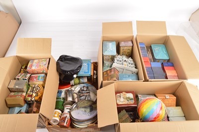 Lot 459 - Collectable Biscuit tins  mostly depicting Buildings together with railway-related China metal and resin items (qty in 5 boxes)