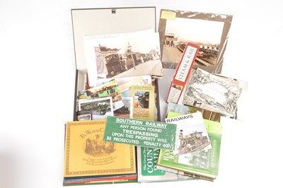 Lot 460 - Steam railway books and photographs with a replica railway sign (qty in 1 box)