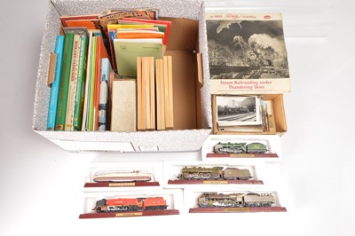 Lot 466 - Resin display locomotives with books records and other collectors items (qty in 1 box)
