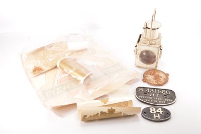 Lot 467 - Railway Oil lamp with Rolling Stock transfers wagon plate and other metal collectors items (13)