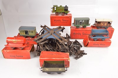 Lot 482 - Hornby 0 Gauge boxed clockwork LNER Tank and wagons with qty of unboxed Track (31)