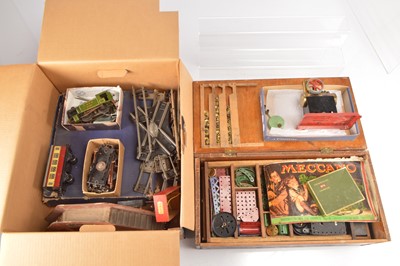 Lot 483 - Hornby 0 Gauge clockwork No 201 LMS Tank Goods Set with Accessories 20V LNER 0-4-0 Tank Engine Meccano Parts in wooden box and Mamod Steam Engine (qty)