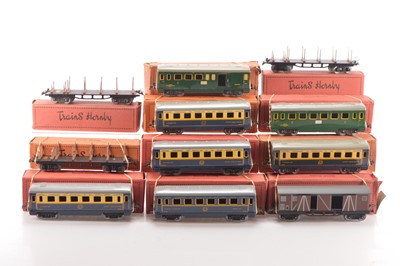 Lot 569 - French Hornby 0 Gauge group of Post war Passenger and Goods rolling stock (12)