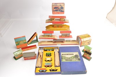 Lot 705 - Mettoy Tinplate 00 Gauge Clockwork Train set and various makers 0 Gauge Tinplate and wood Station and Lineside Buildings (16)