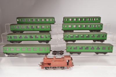 Lot 711 - Crudely built 0 Gauge scratchbuilt 0-6-0 Tank Engine with Lima Chassis and eight SR heavily modified Lima SR green Coaches (9)
